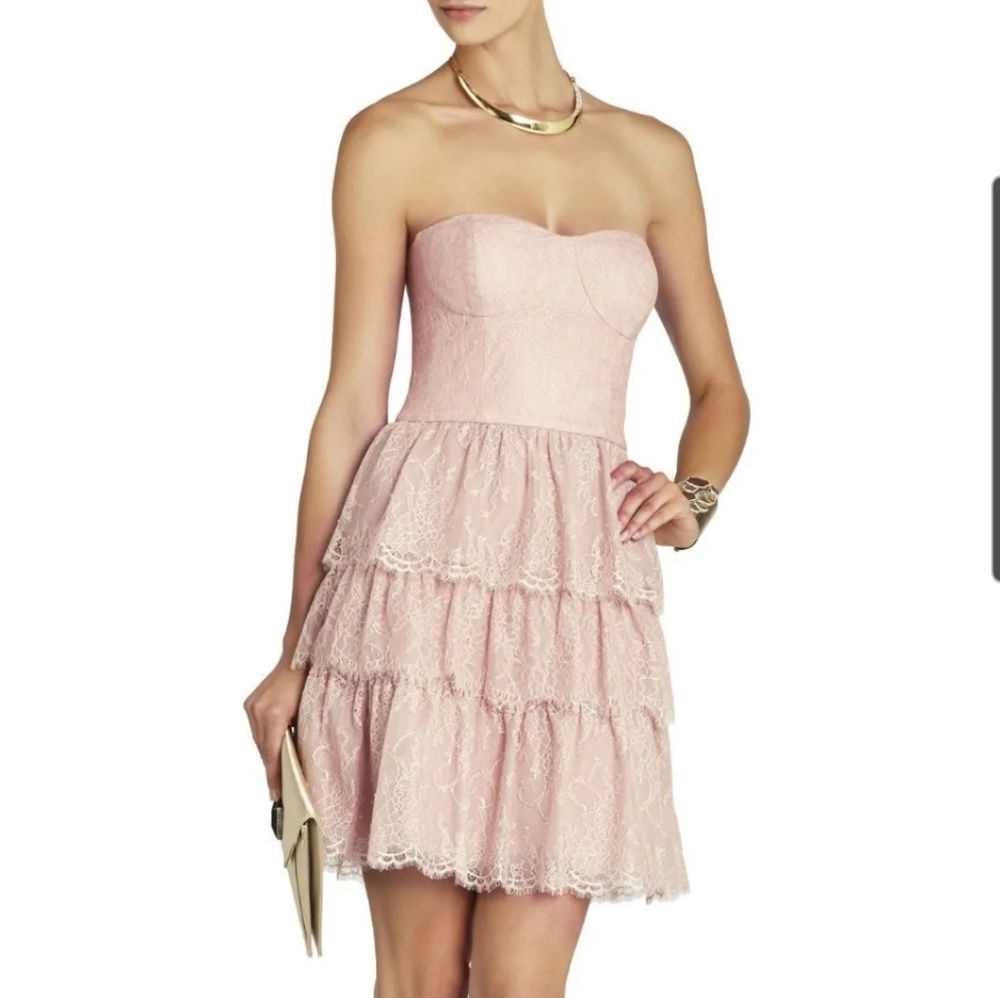 BCBGMaxAzria Bare Pink Lilah Tiered Dress Lace Strapless